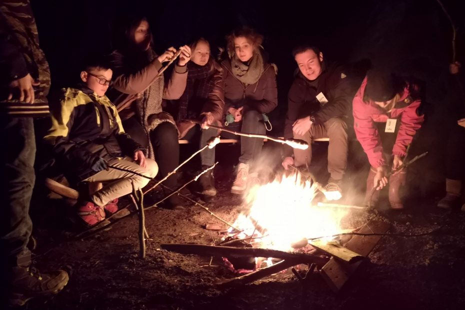 junge Menschen sitzen um ein Lagerfeuer und machen Stockbrot